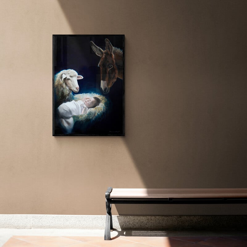 Jezusek ze zwierzętami - malarstwo olejne